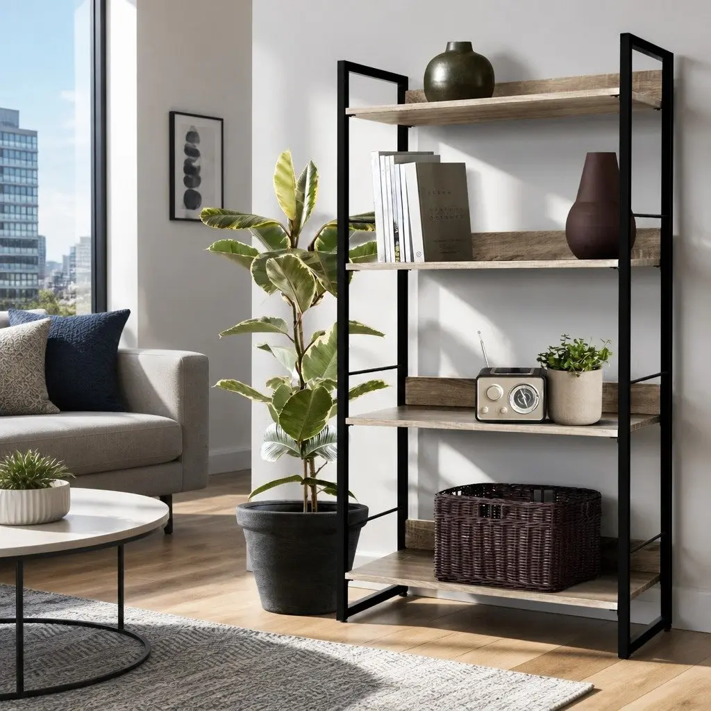 4-Tier Display Bookshelf Storage Shelf Black Wood Living Room Organizer