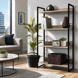 4-Tier Display Shelf with Black Wood Finish and Metal Frame