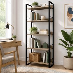 5-Tier Display Shelf with Metal Frame and Wood Finish