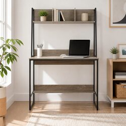 Computer Desk with Bookshelf Storage in Grey Finish