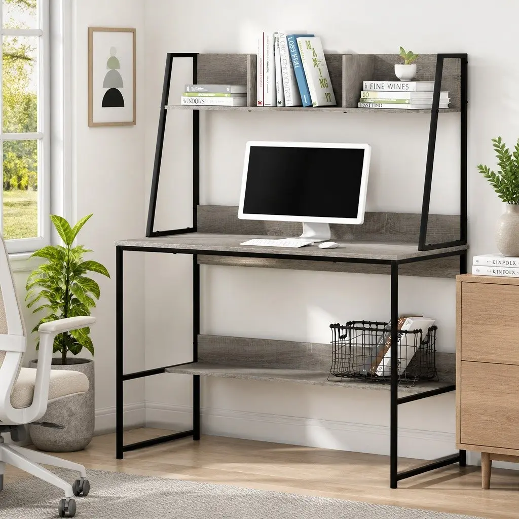 Computer Desk with Bookshelf Storage Grey 100cm