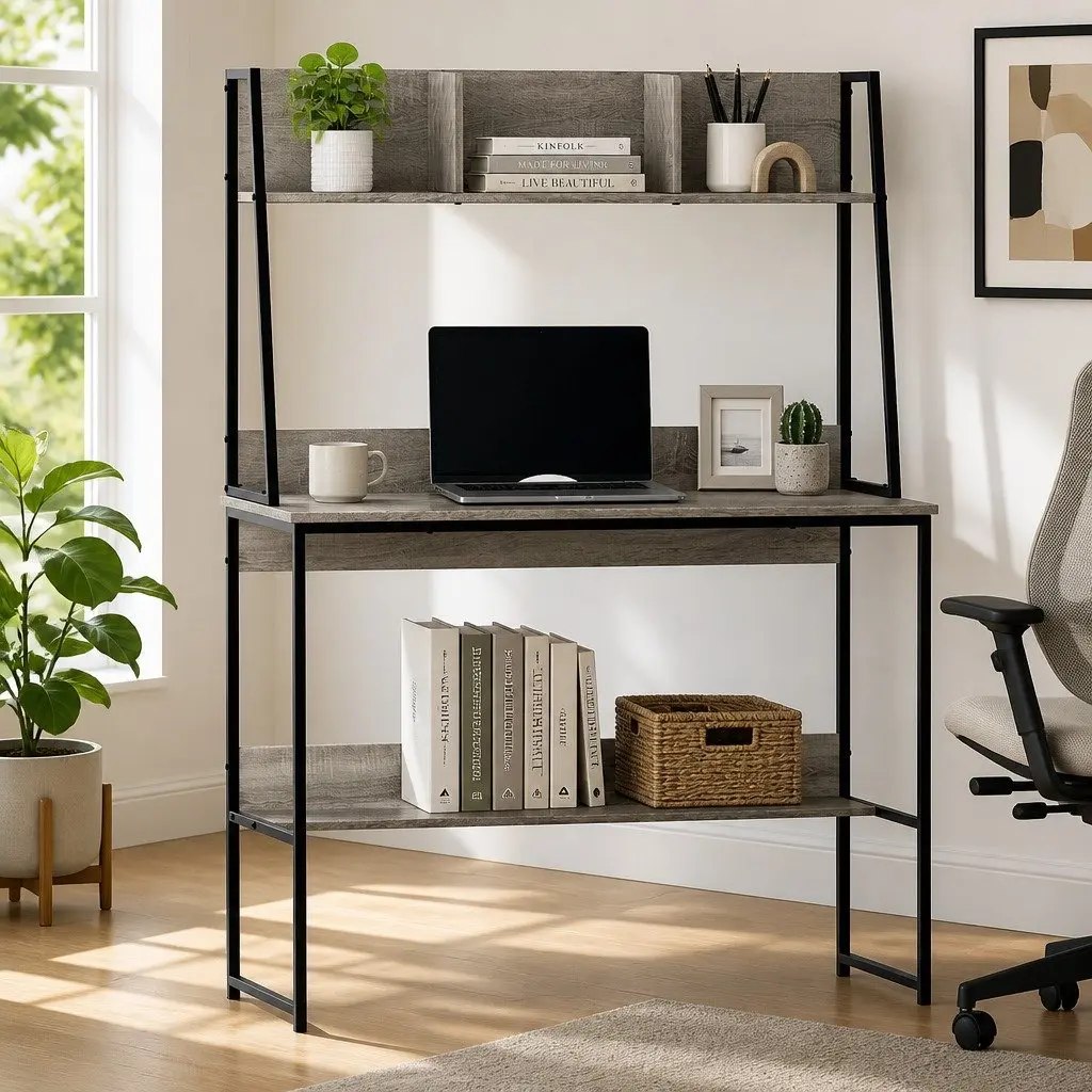 Computer Desk with Bookshelf Storage Grey 100cm