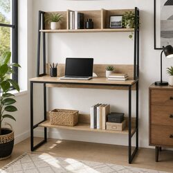 Compact Computer Desk with Bookshelf Storage in Oak Finish