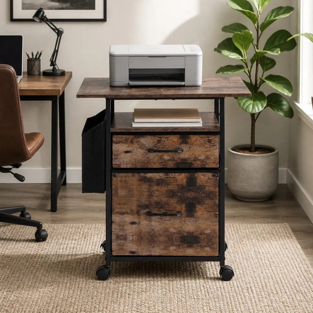 Mobile Filing Cabinet with Printer Stand 60cm Rustic Brown 2 Drawer File Storage with Castors