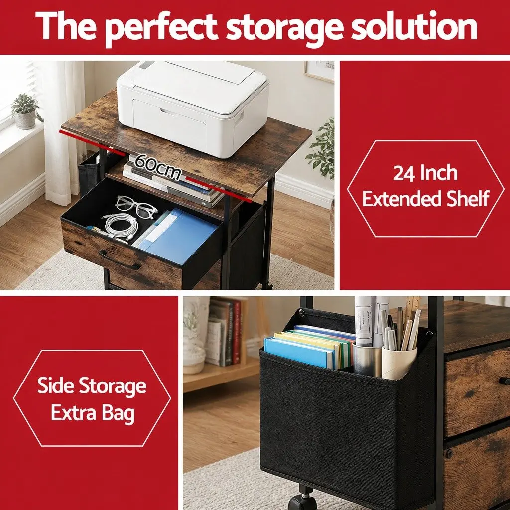 Mobile Filing Cabinet with Printer Stand 60cm Rustic Brown 2 Drawer File Storage with Castors