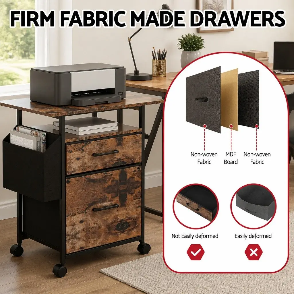 Mobile Filing Cabinet with Printer Stand 60cm Rustic Brown 2 Drawer File Storage with Castors