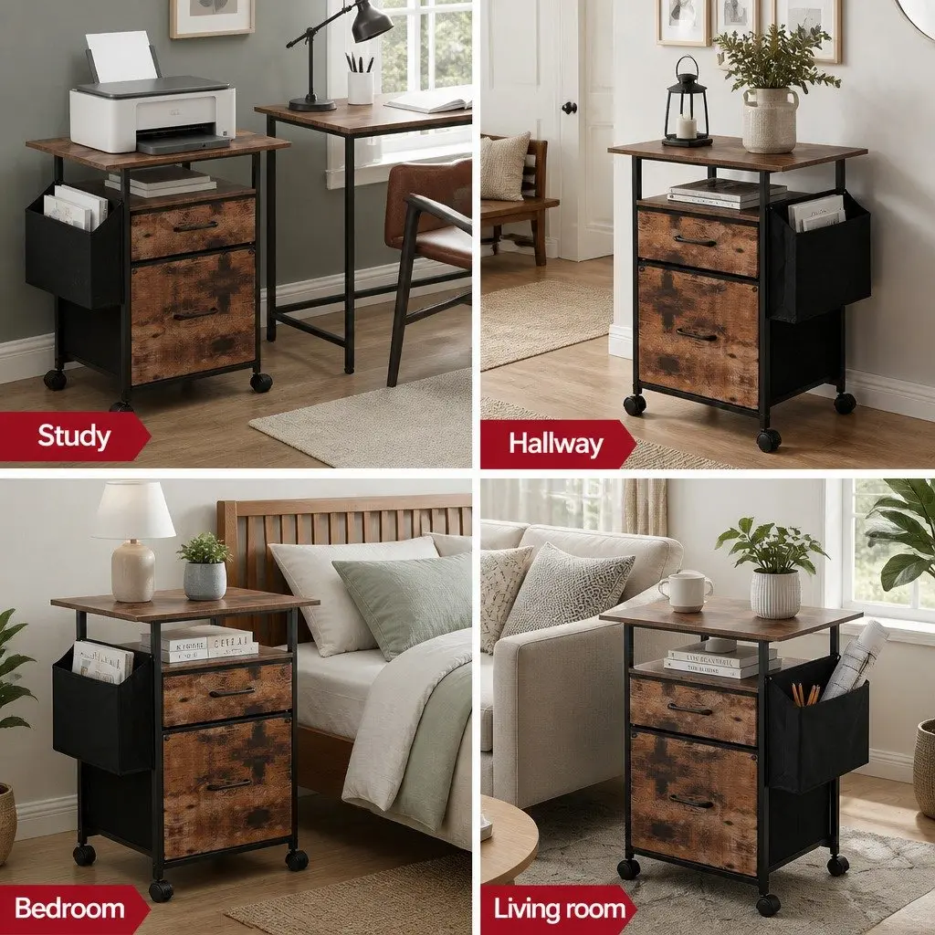 Mobile Filing Cabinet with Printer Stand 60cm Rustic Brown 2 Drawer File Storage with Castors
