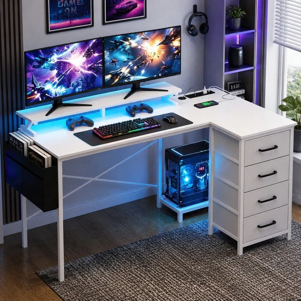 L Shaped Gaming Computer Desk Spacious 140cm White Workspace with LED Lighting