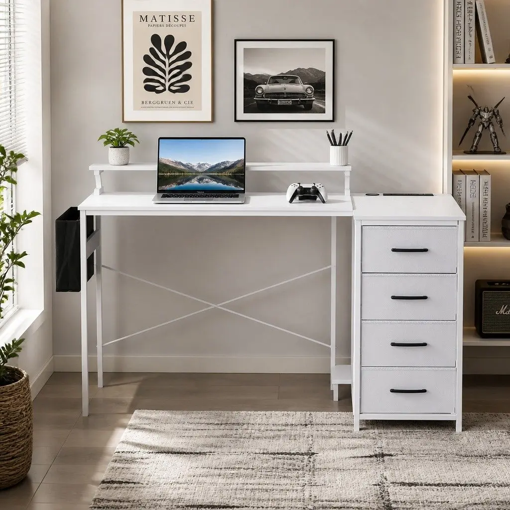 L Shaped Gaming Computer Desk Spacious 140cm White Workspace with LED Lighting