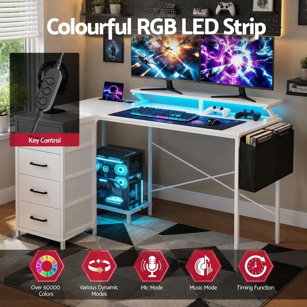L Shaped Gaming Computer Desk Spacious 140cm White Workspace with LED Lighting