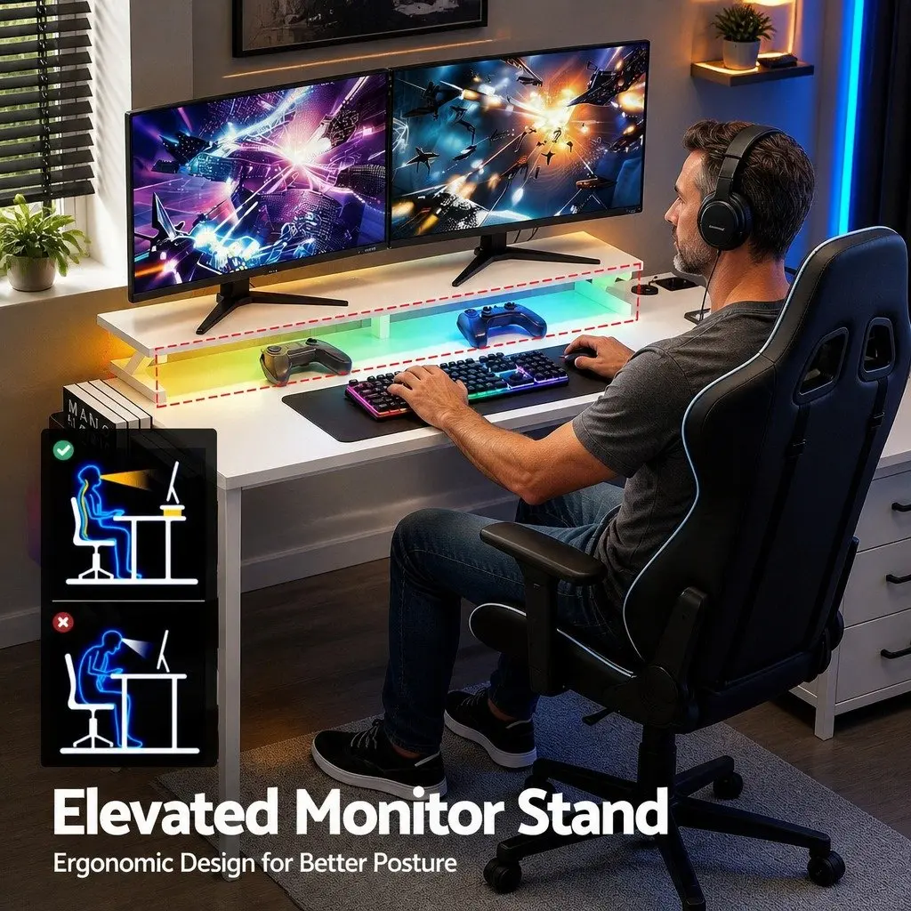 L Shaped Gaming Computer Desk Spacious 140cm White Workspace with LED Lighting