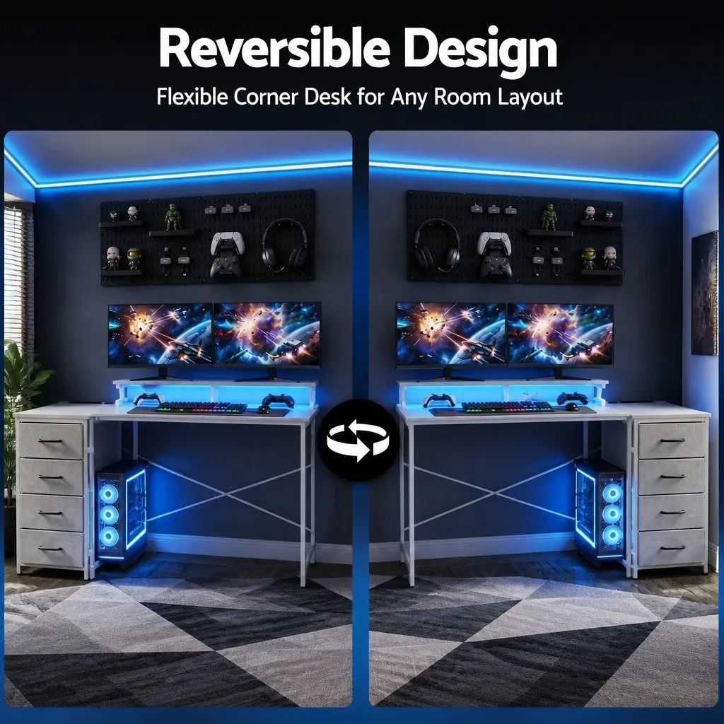 L Shaped Gaming Computer Desk Spacious 140cm White Workspace with LED Lighting