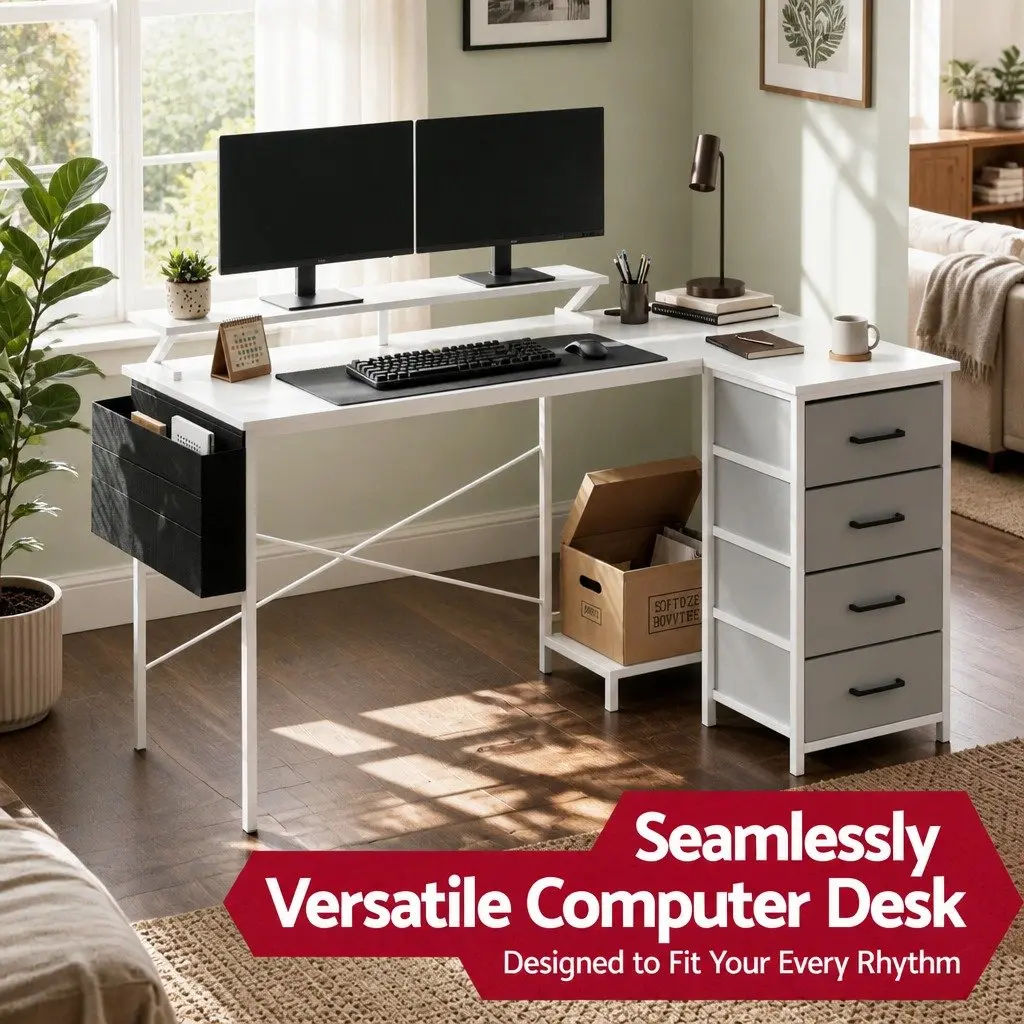 L Shaped Gaming Computer Desk Spacious 140cm White Workspace with LED Lighting