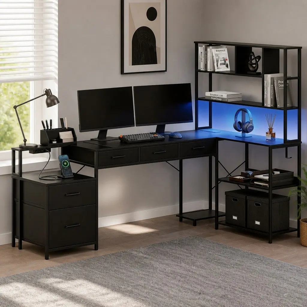 L Shaped Computer Desk with RGB LED Lights 200cm Black