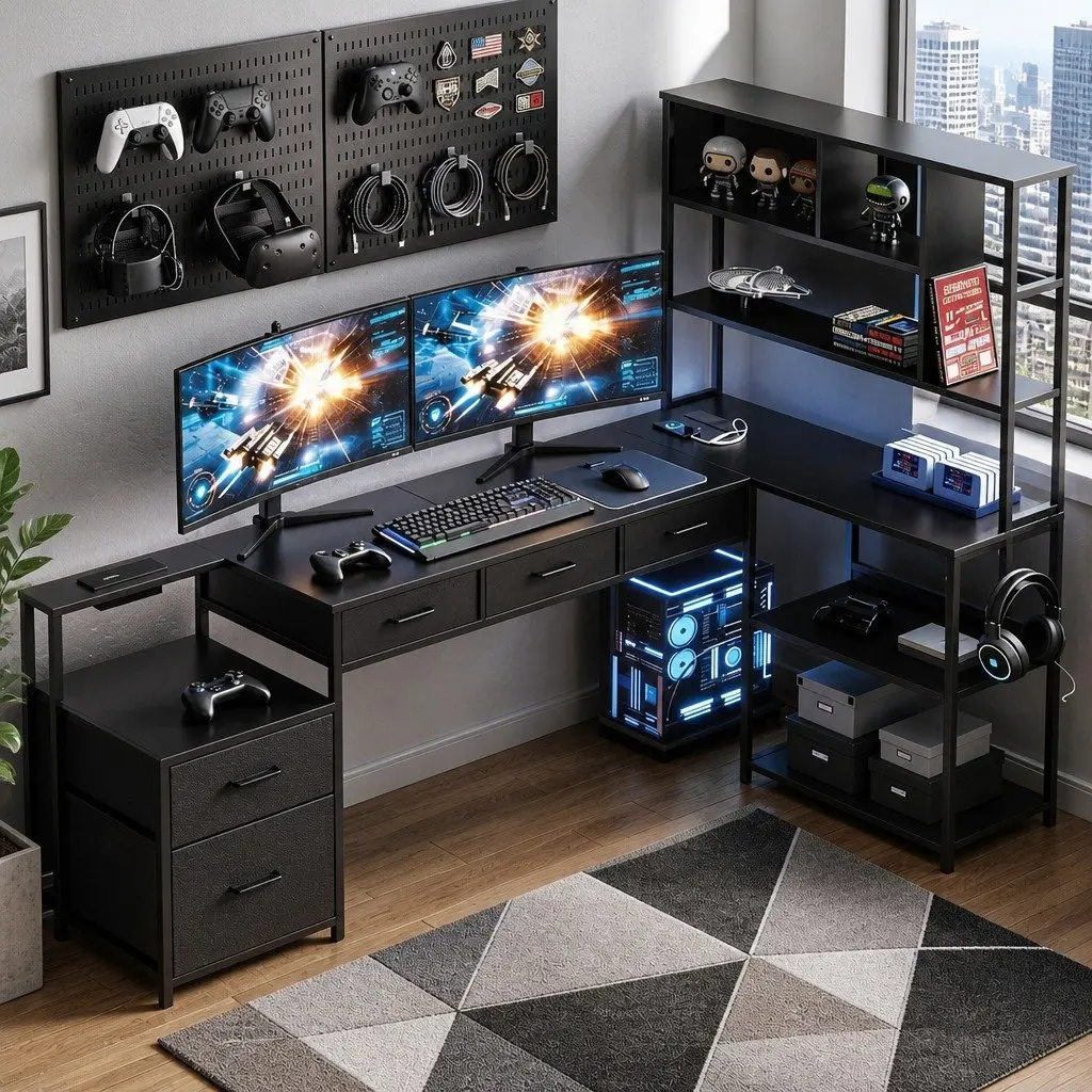 L Shaped Computer Desk with RGB LED Lights 200cm Black