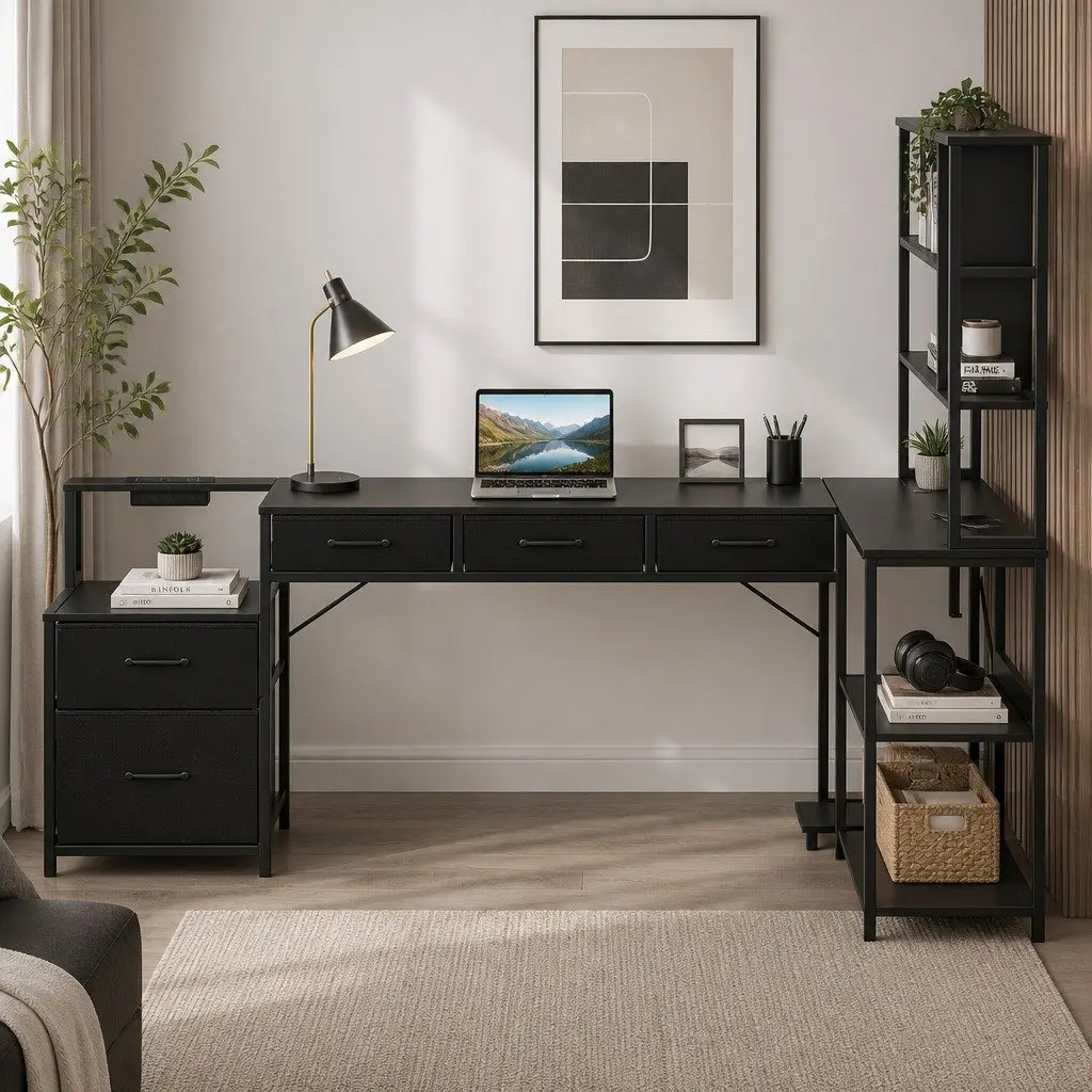 L Shaped Computer Desk with RGB LED Lights 200cm Black