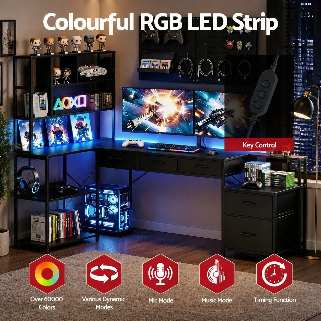 L Shaped Computer Desk with RGB LED Lights 200cm Black