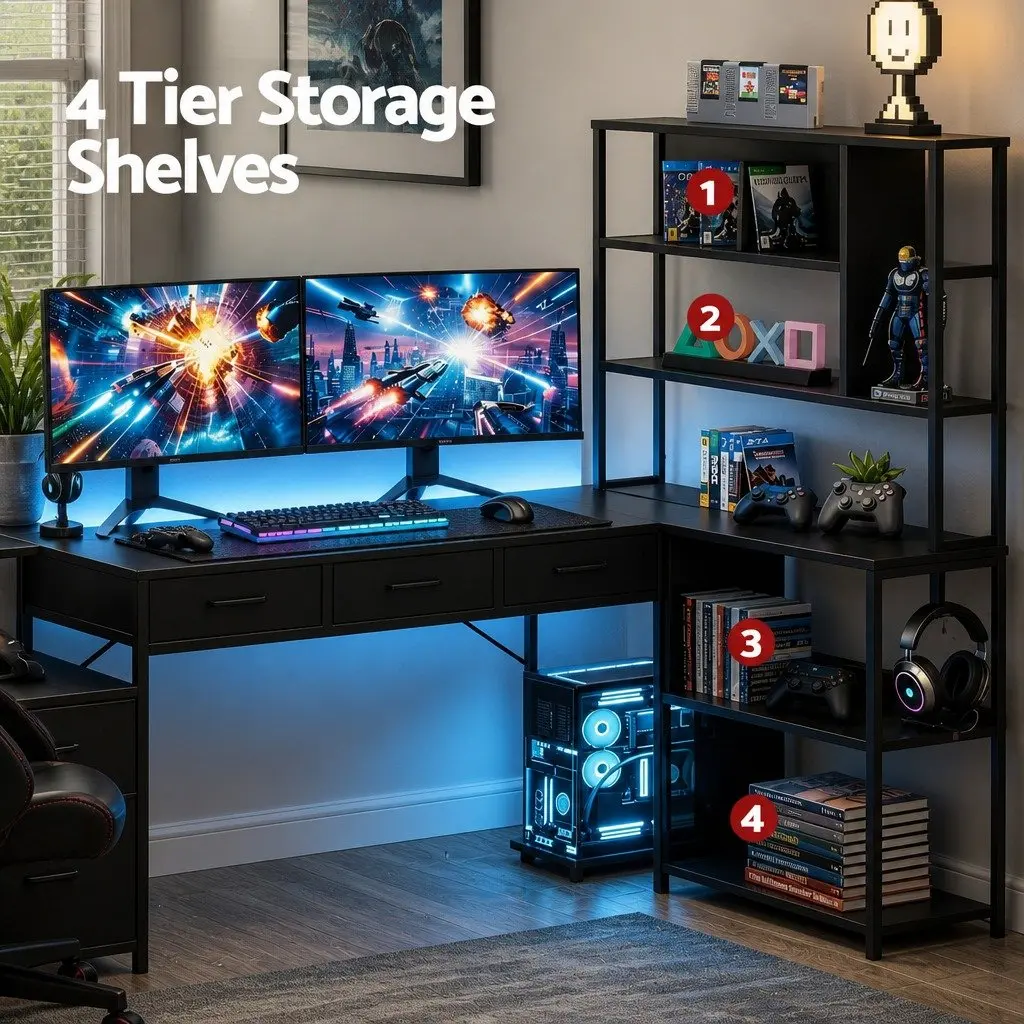 L Shaped Computer Desk with RGB LED Lights 200cm Black