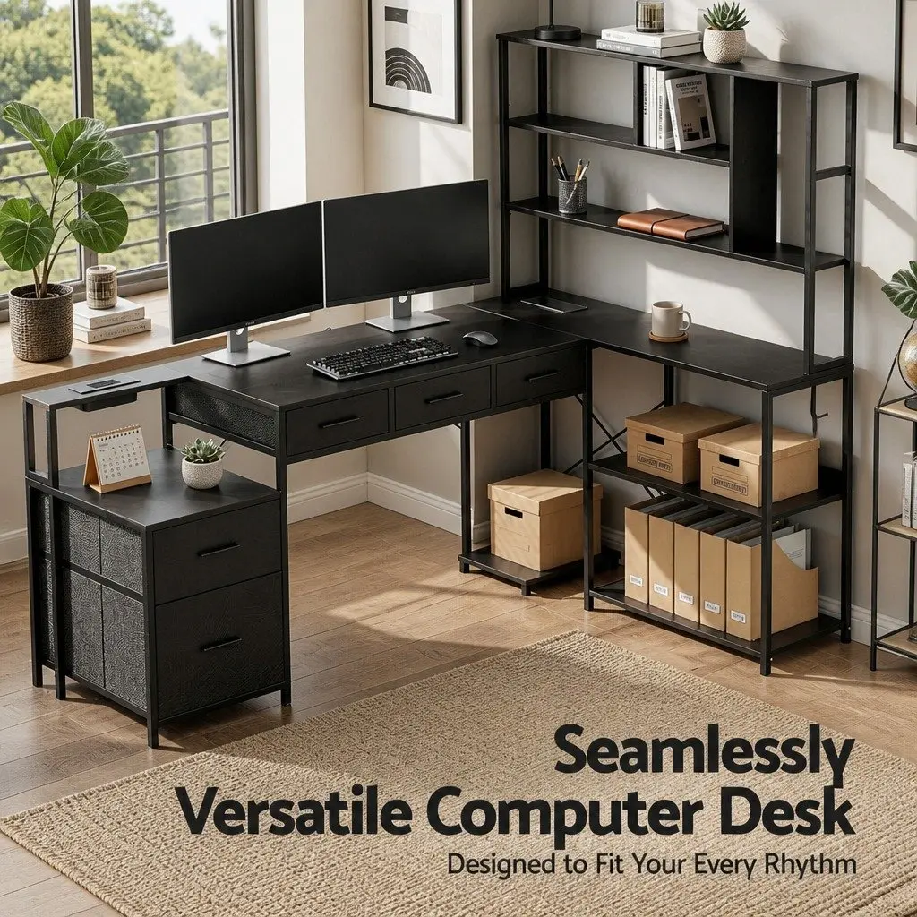 L Shaped Computer Desk with RGB LED Lights 200cm Black