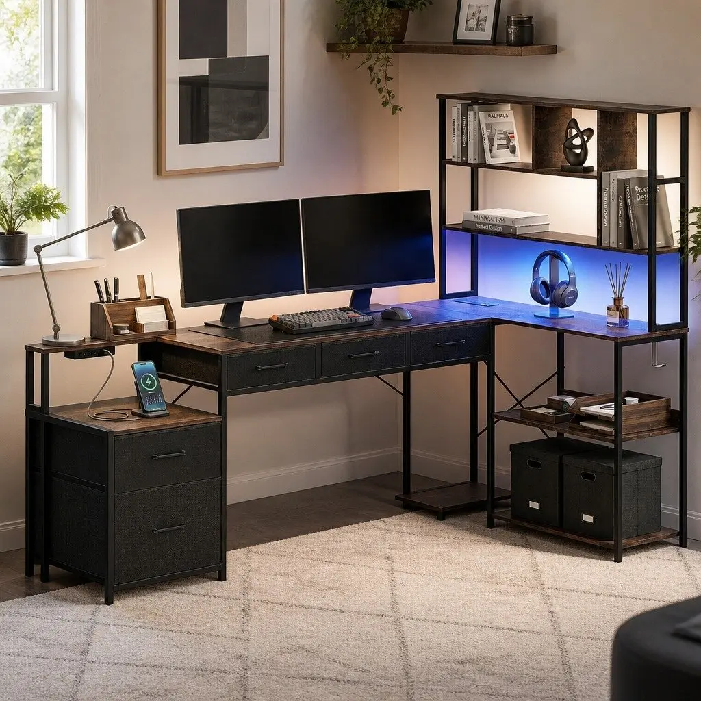 L Shaped Gaming Computer Desk with Integrated Power Outlets and LED Lights 200cm Rustic Brown