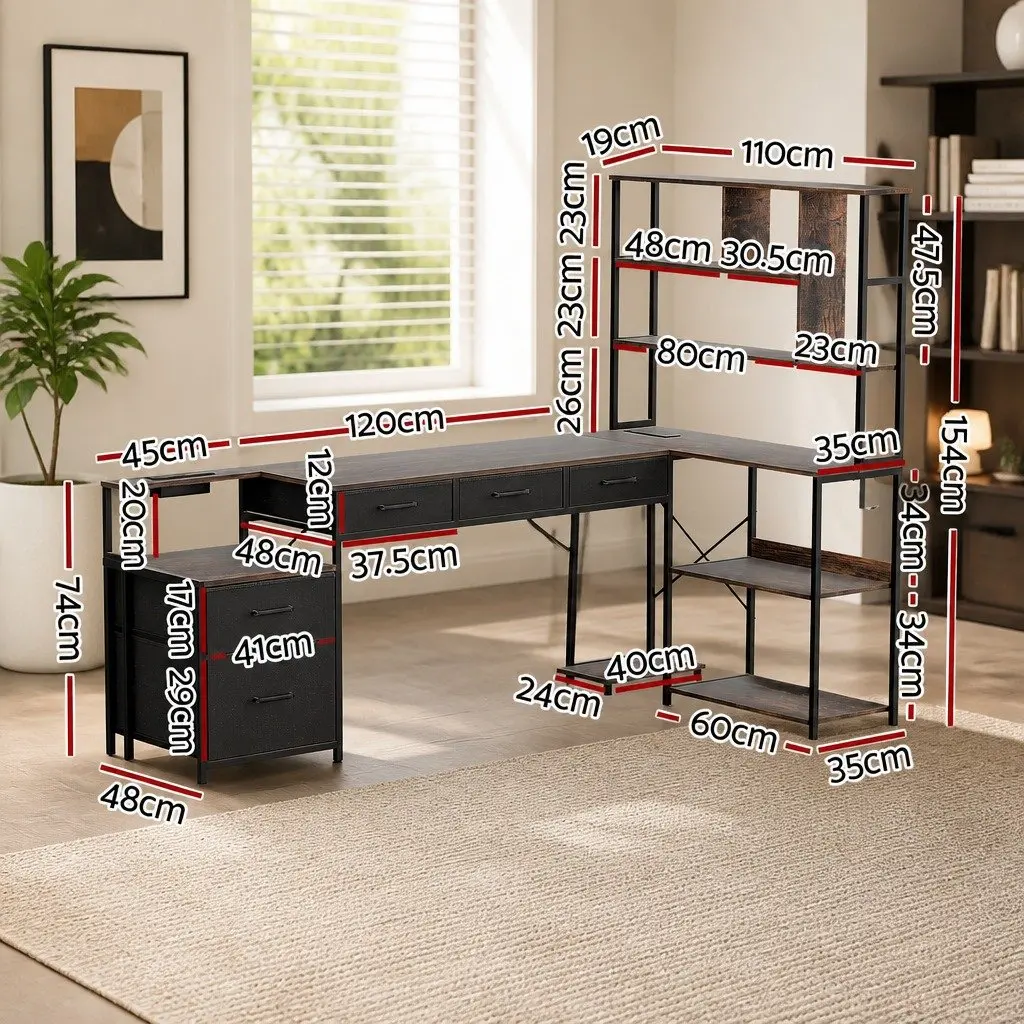 L Shaped Gaming Computer Desk with Integrated Power Outlets and LED Lights 200cm Rustic Brown