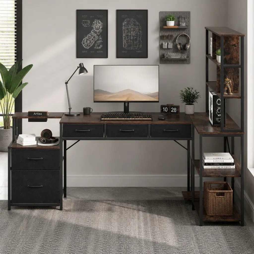 L Shaped Gaming Computer Desk with Integrated Power Outlets and LED Lights 200cm Rustic Brown