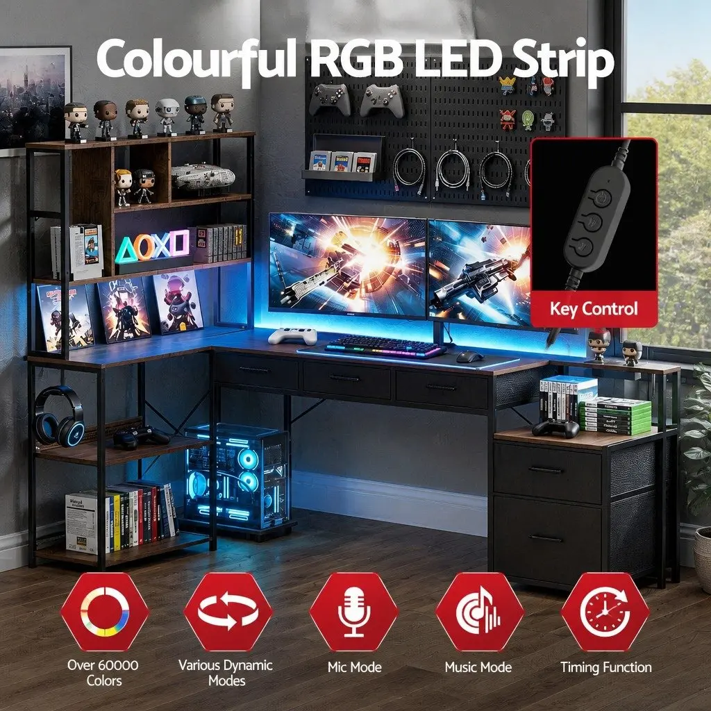 L Shaped Gaming Computer Desk with Integrated Power Outlets and LED Lights 200cm Rustic Brown