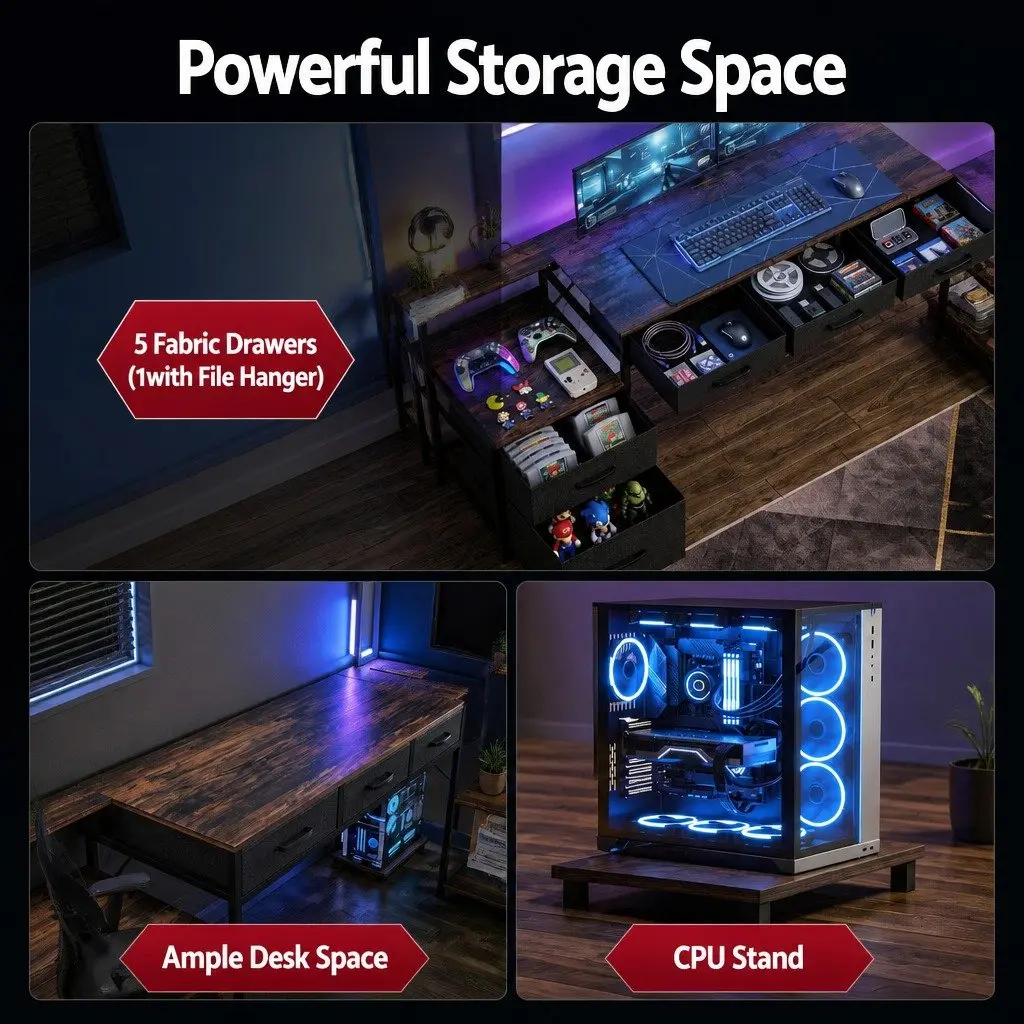 L Shaped Gaming Computer Desk with Integrated Power Outlets and LED Lights 200cm Rustic Brown