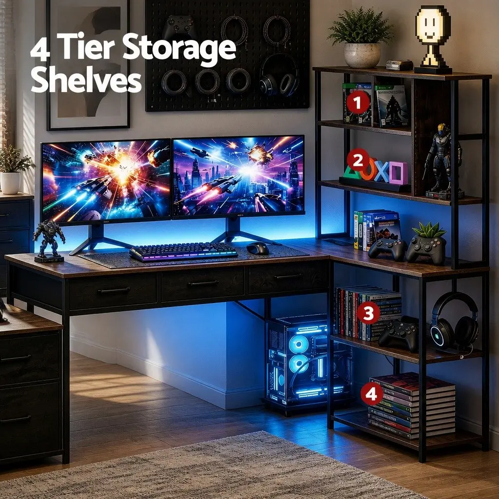 L Shaped Gaming Computer Desk with Integrated Power Outlets and LED Lights 200cm Rustic Brown