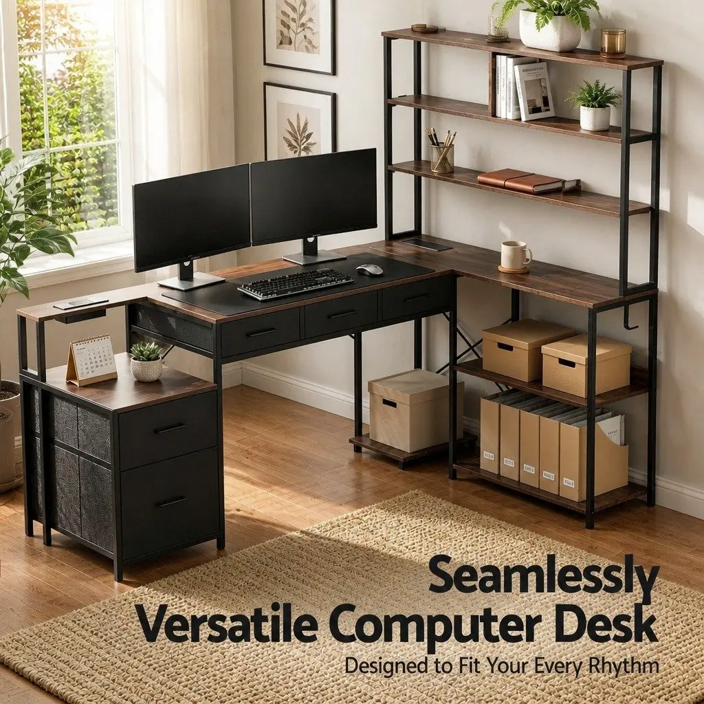 L Shaped Gaming Computer Desk with Integrated Power Outlets and LED Lights 200cm Rustic Brown