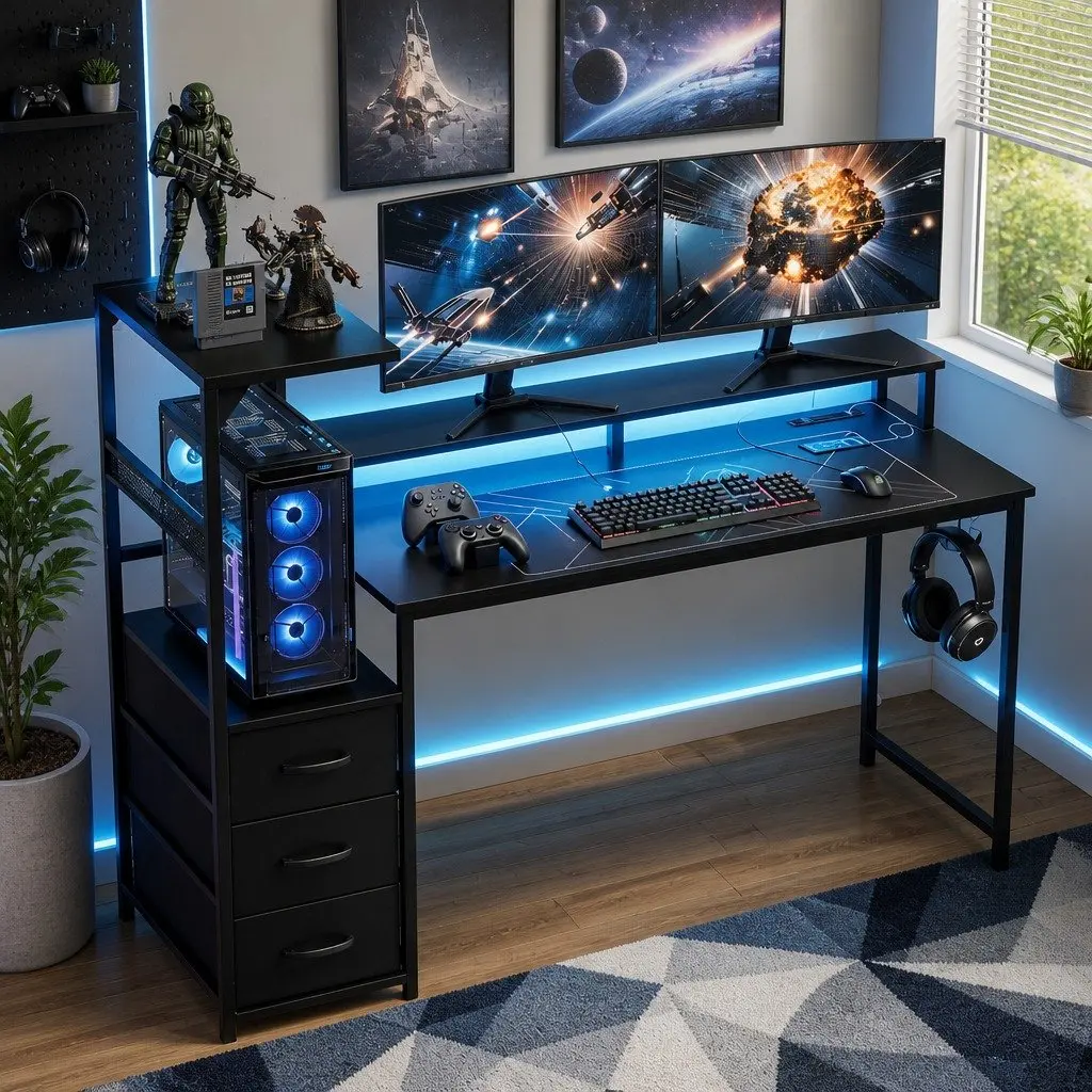 145cm L Shaped Gaming Desk Computer Workstation with RGB LED Lights Power