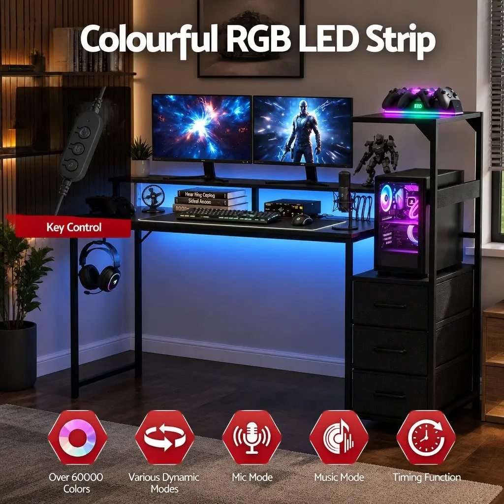 145cm L Shaped Gaming Desk Computer Workstation with RGB LED Lights Power