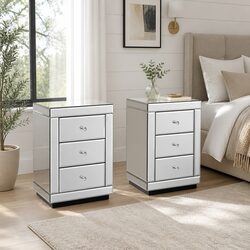 Set of 2 Silver Mirrored Glass Bedside Tables with 3 Drawers