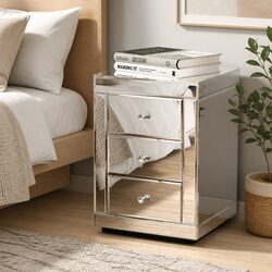 3-Drawer Mirrored Nightstand in Silver