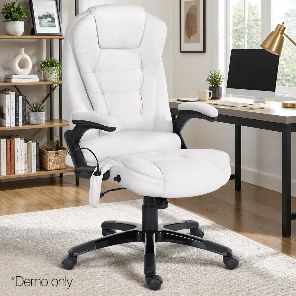 Massage Chair Heated Seat 8 Point Vibration White High Back PU Leather