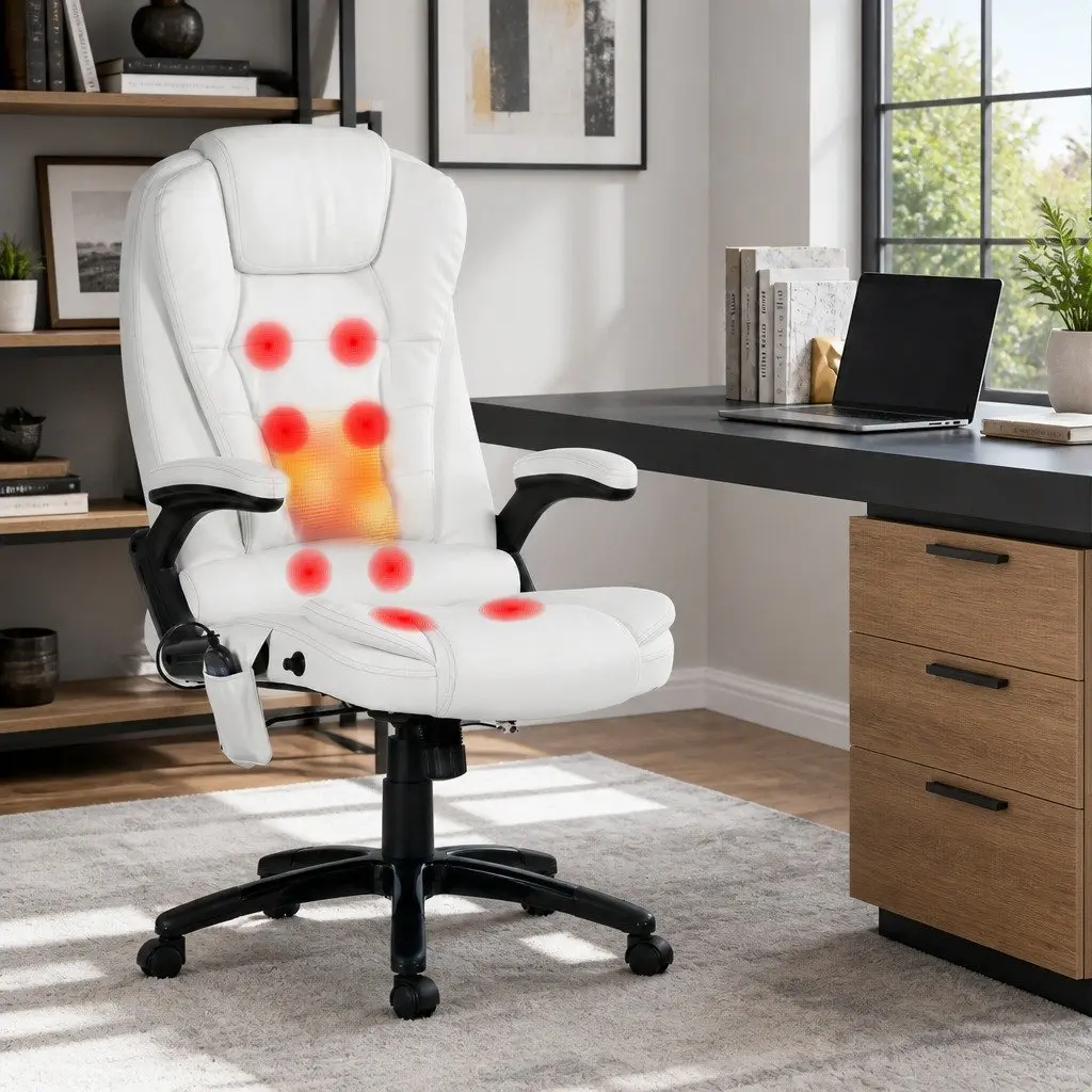Massage Chair Heated Seat 8 Point Vibration White High Back PU Leather