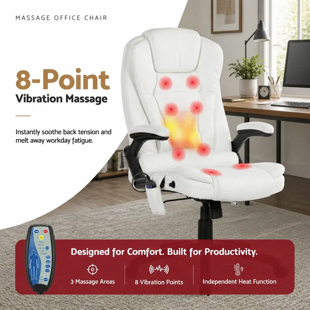 Massage Chair Heated Seat 8 Point Vibration White High Back PU Leather