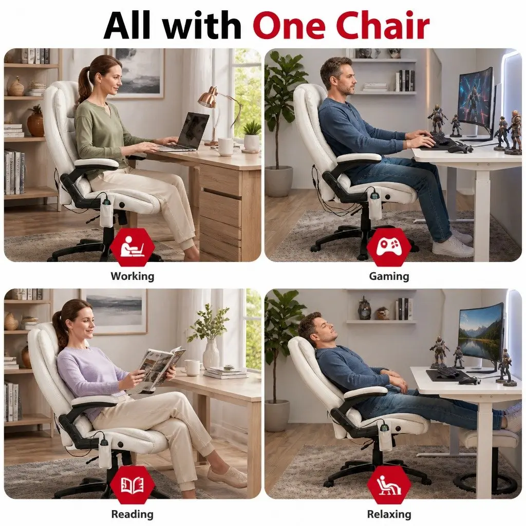 Massage Chair Heated Seat 8 Point Vibration White High Back PU Leather