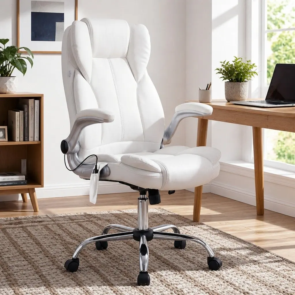 Massage Chair Ergonomic Comfort High Back White PU Leather