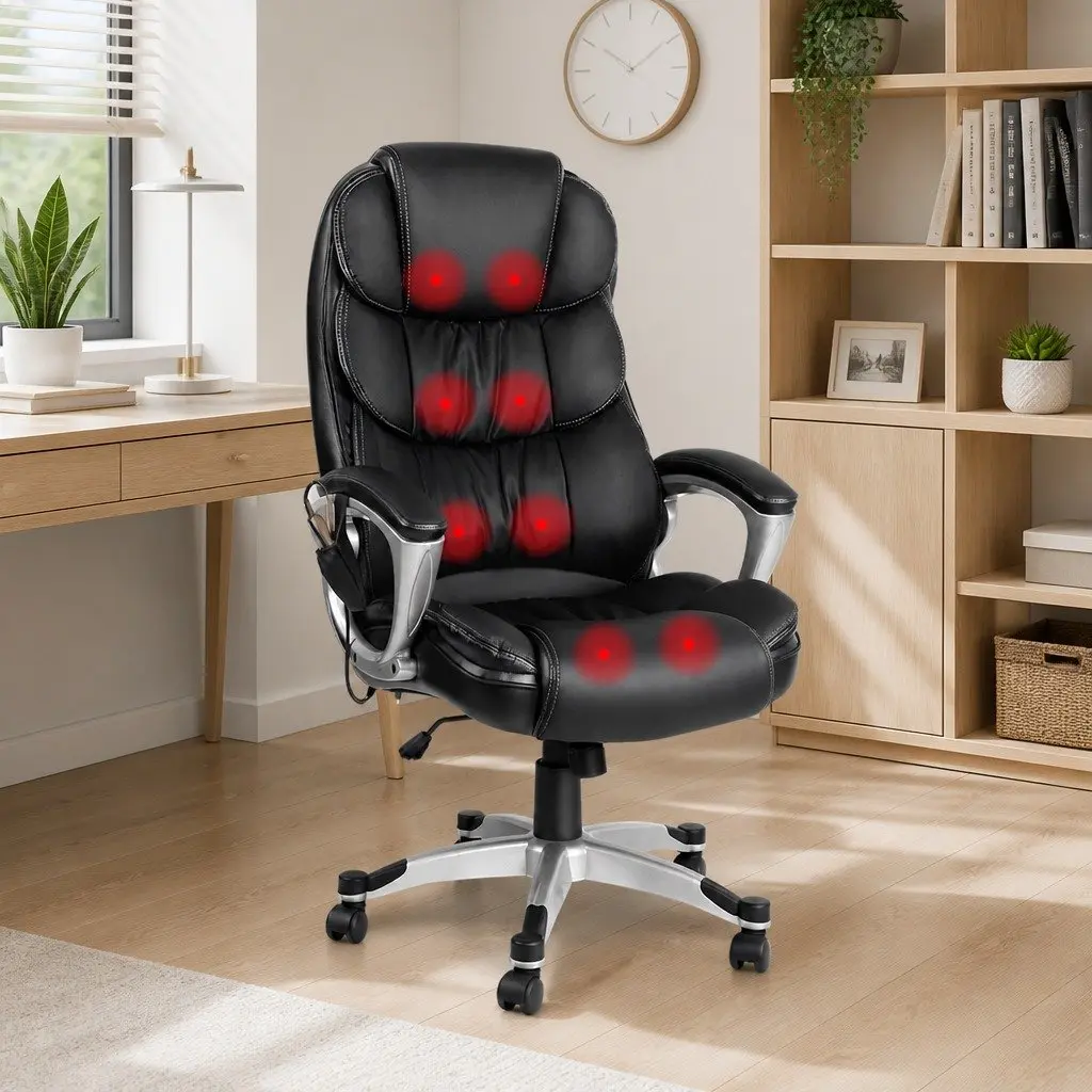 Massage Chair Heated Seat High Back Black PU Leather