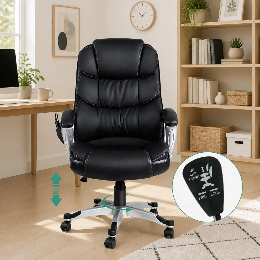 Massage Chair Heated Seat High Back Black PU Leather