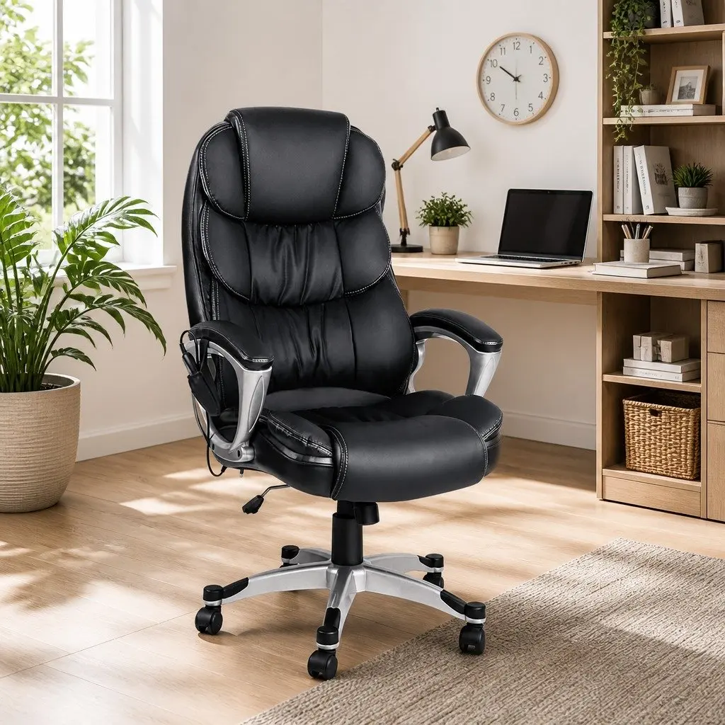 Massage Chair Heated Seat High Back Black PU Leather