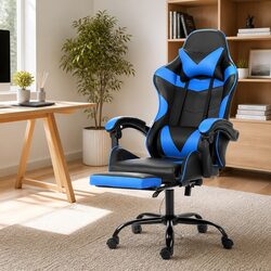 Blue Massage Gaming Chair with Adjustable Footrest