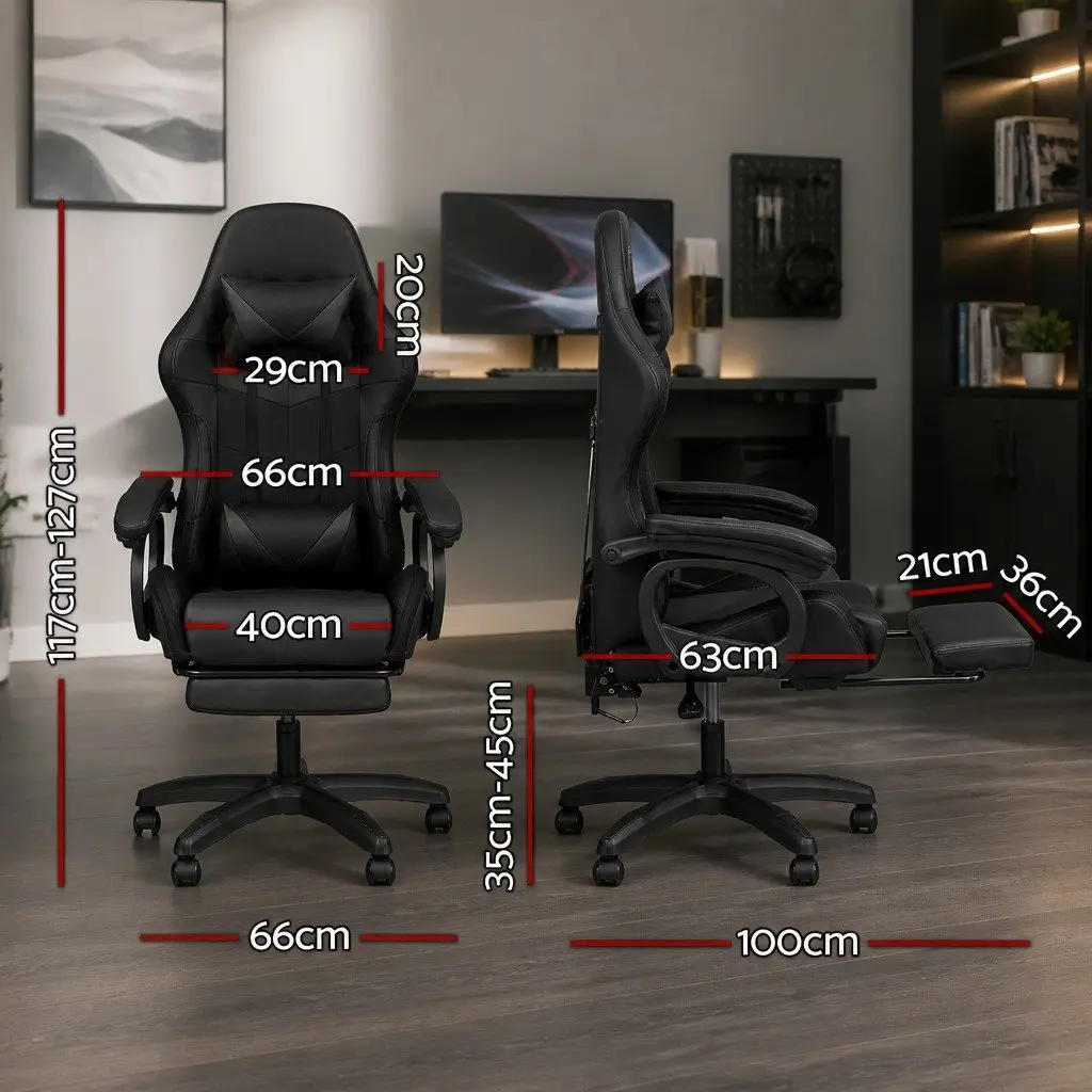 Gaming Office Chair with RGB LED Massage Footrest Ergonomic Black