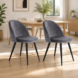 Set of 2 Dark Grey Velvet Dining Chairs with Iron Legs