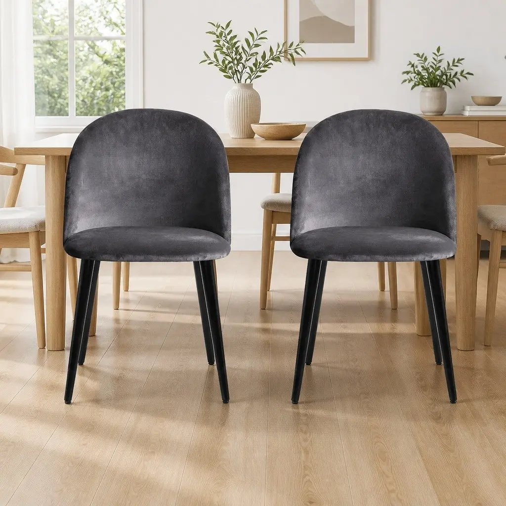 Dining Chairs Set of 2 Velvet Curved Seat Dark Grey Iron Legs Modern Stylish