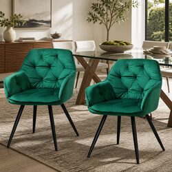 Green Velvet Dining Chairs Set of 2 with Steel Legs