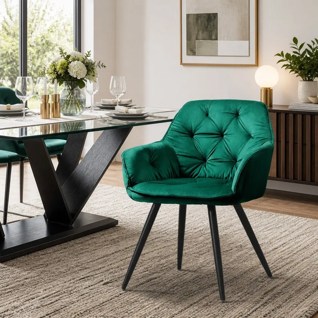 Green Velvet Dining Chairs Set of 2 with Steel Legs
