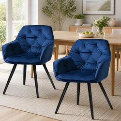 Set of 2 Modern Navy Blue Velvet Dining Chairs