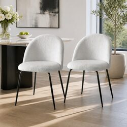 Dining Chairs Set of 2 with White Sherpa Boucle Upholstery